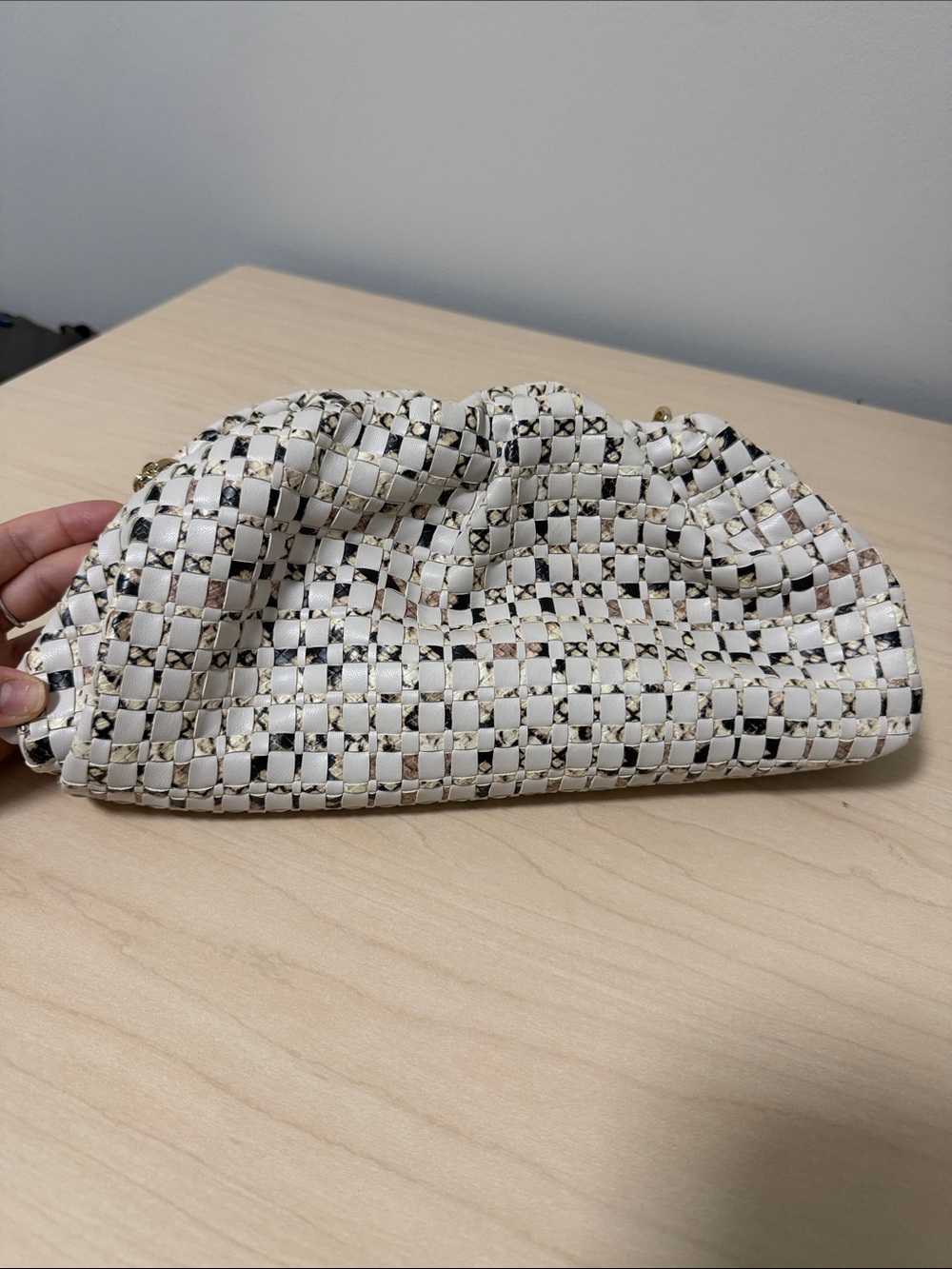 INC International Concepts White Woven Clutch with Black & Gold Trim